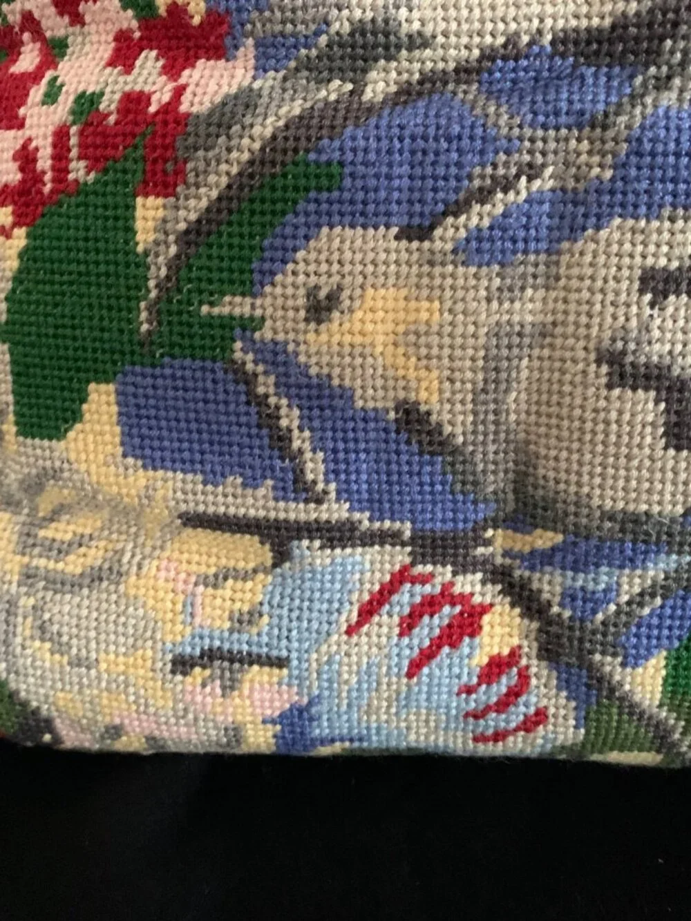 Vintage Handmade Wool Needlepoint Throw Pillow Jacobean Birds Flowers Satin Back